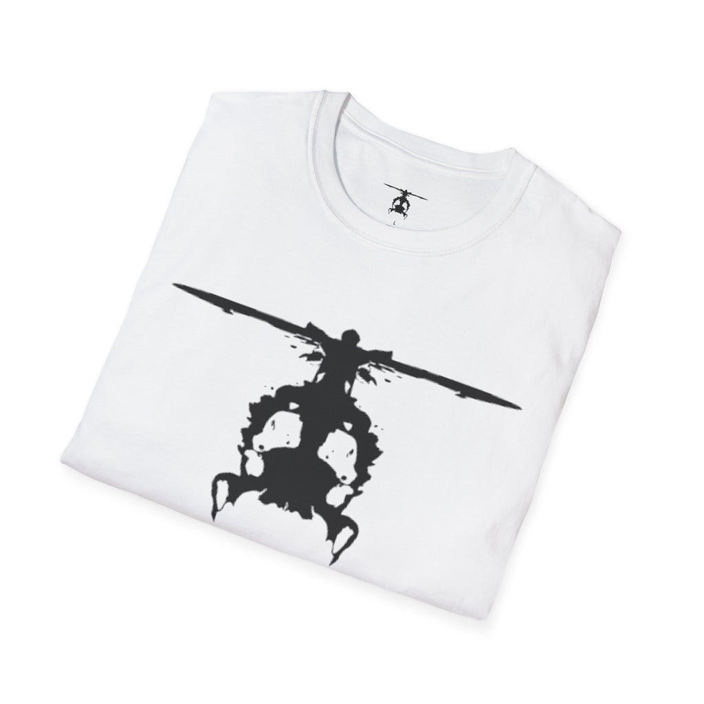 Folded white T shirt with an inkblot helicopter design on a white background