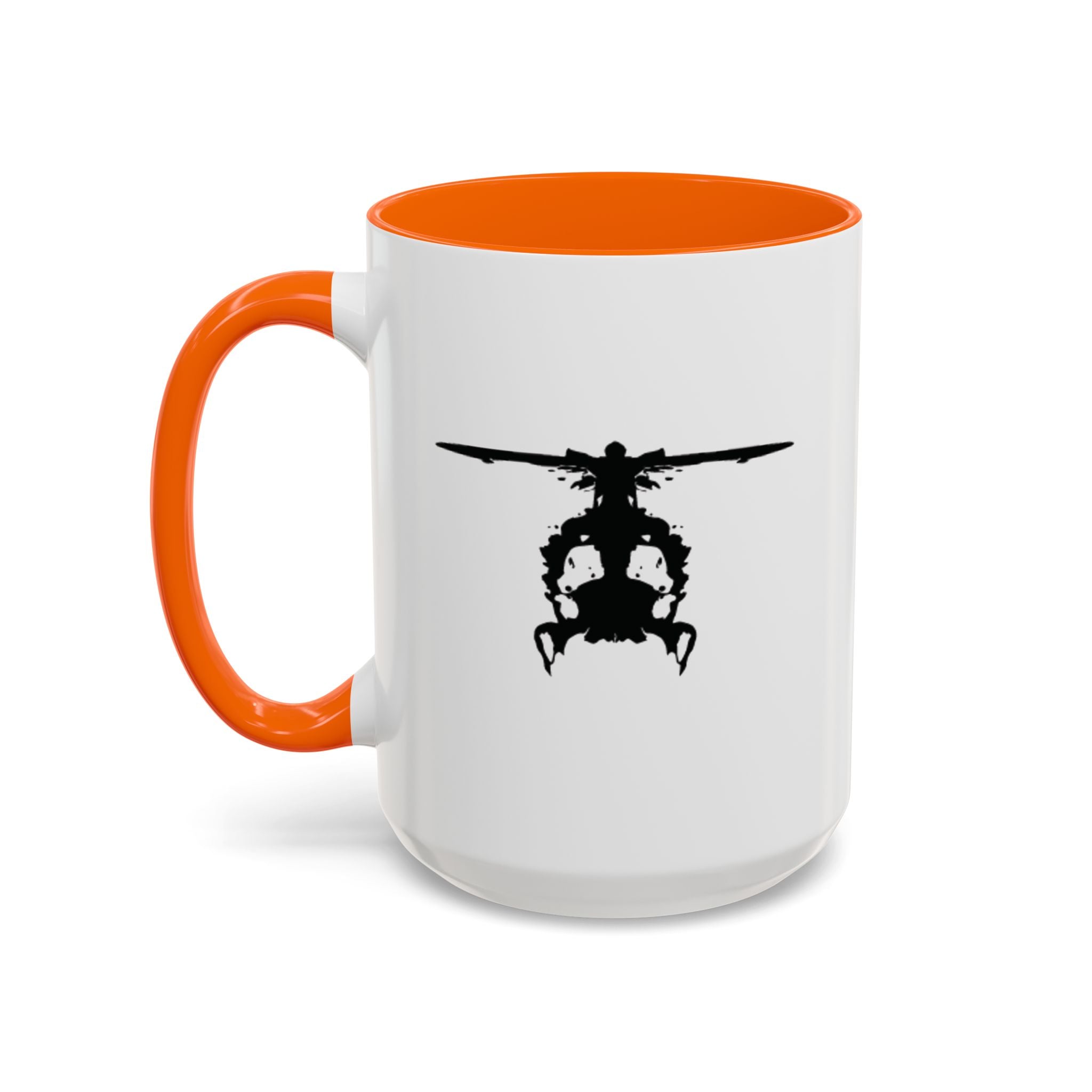 White mug with orange handle and interior, featuring a black inkblot helicopter design on a white background