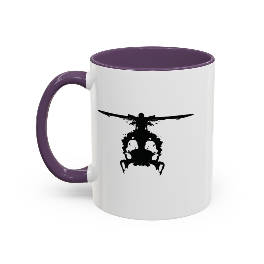 White mug with purple handle and interior, featuring a black inkblot helicopter design on a white background