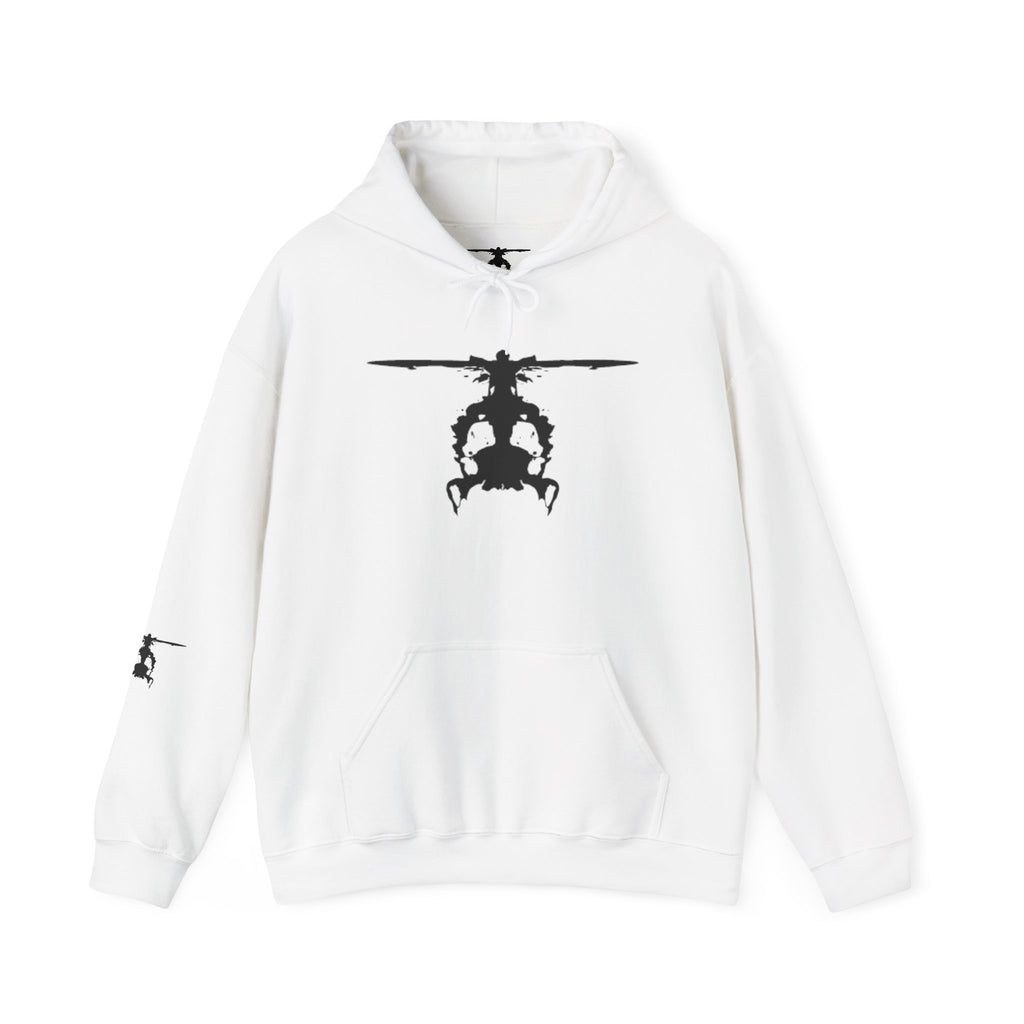 White hoodie with an inkblot helicopter design on a white background