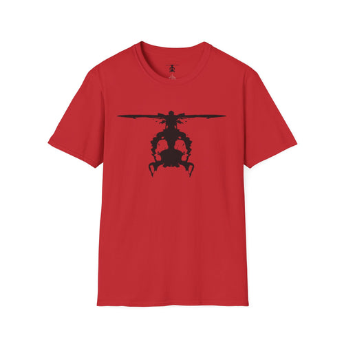Red T shirt with an inkblot helicopter design on a white background