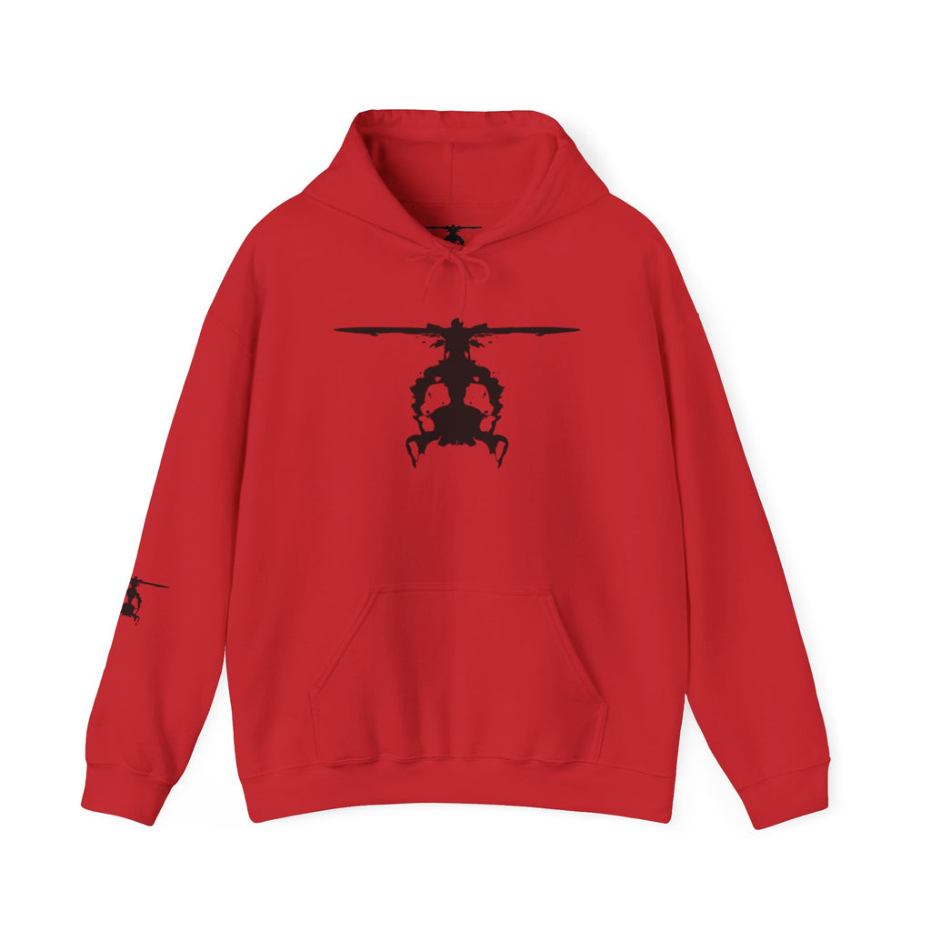 Red hoodie with an inkblot helicopter design on a white background