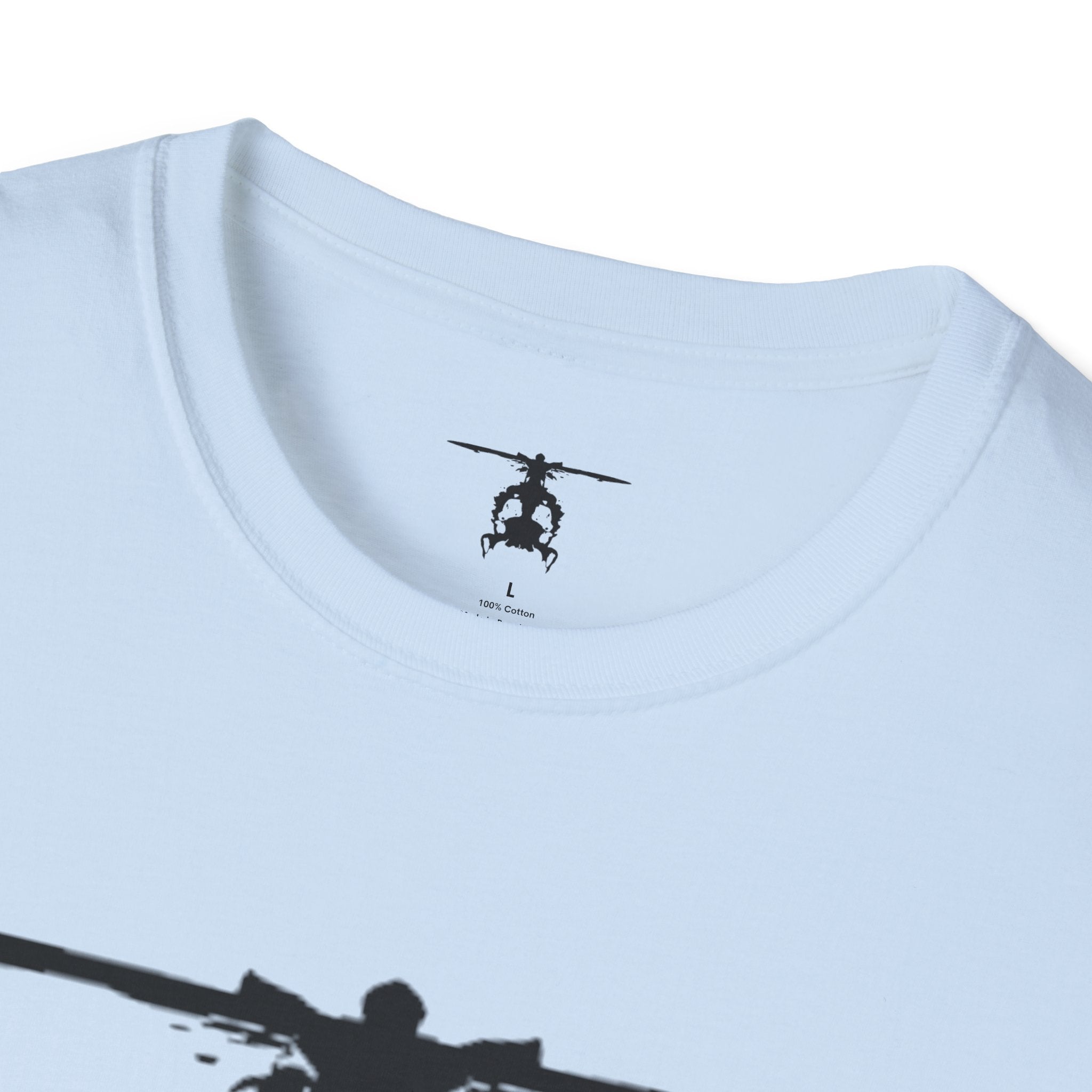 Light Blue T shirt with an inkblot helicopter design on a white background