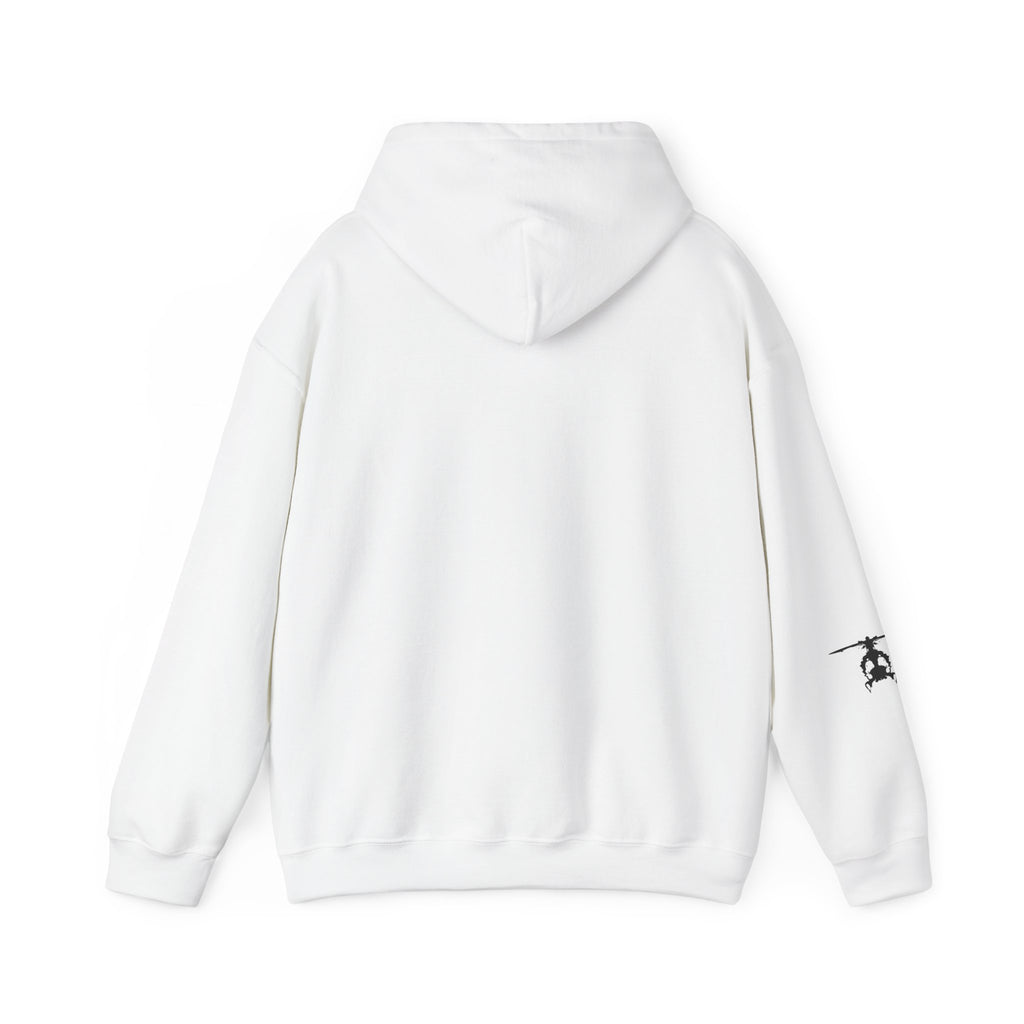 White hoodie with a small black inkblot helicopter on the sleeve against a white background