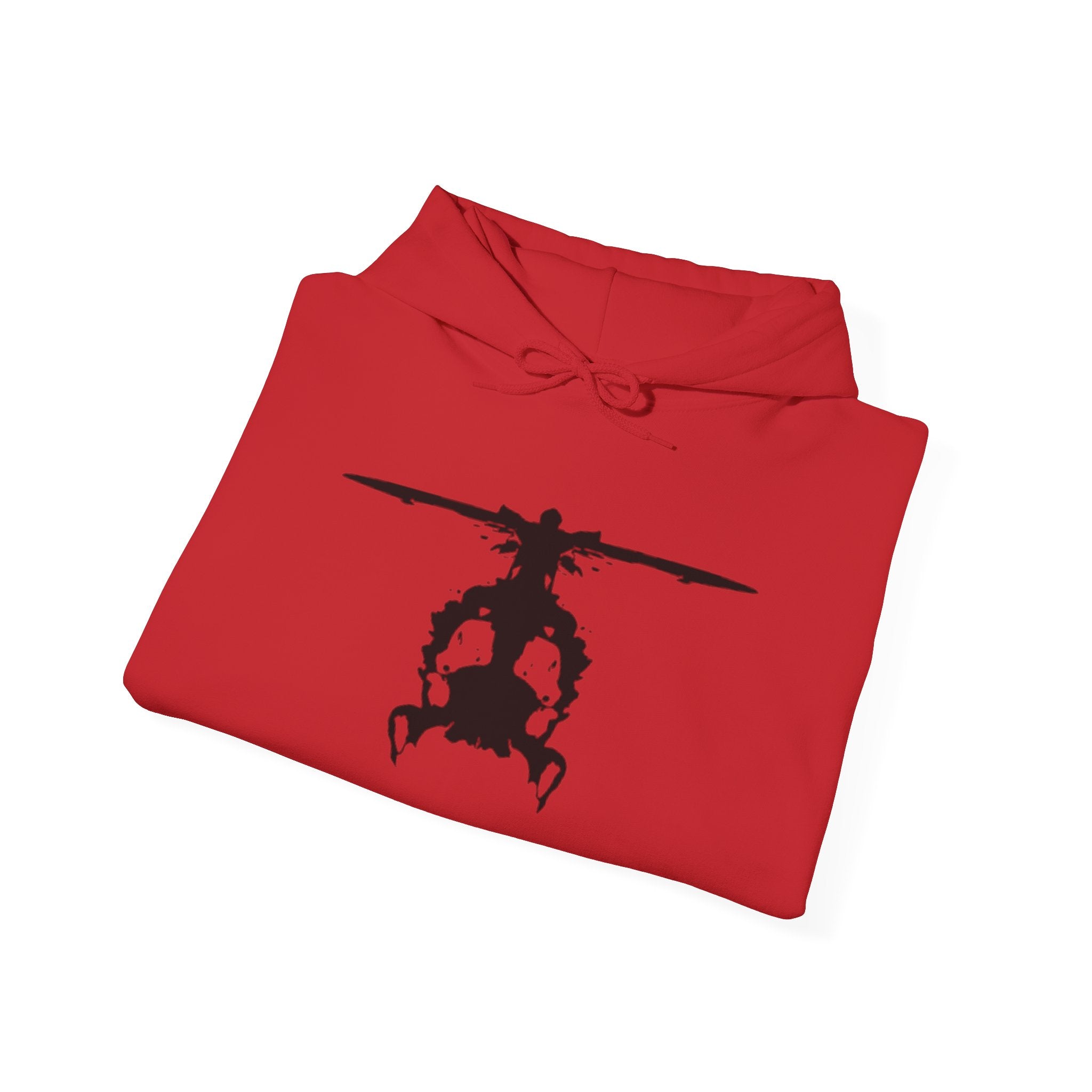 Folded red hoodie with an inkblot helicopter design on a white background