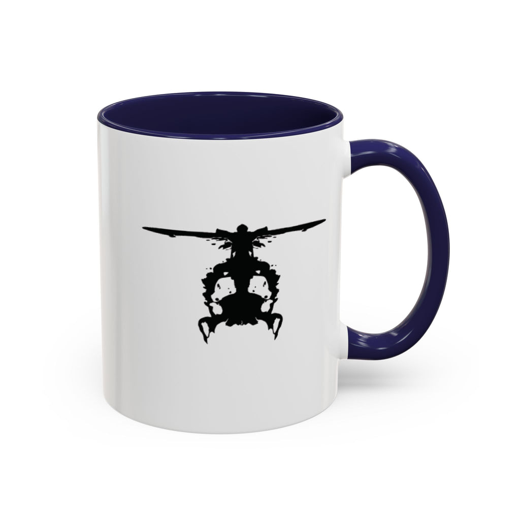 White mug with navy handle and interior, featuring a black inkblot helicopter design on a white background