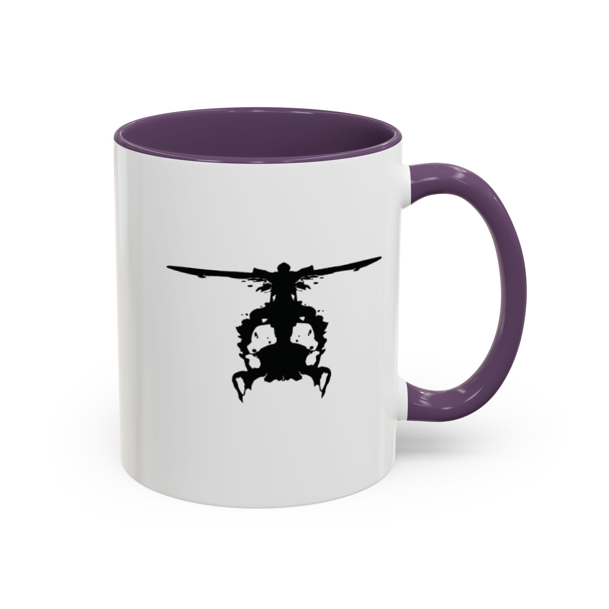 White mug with purple handle and interior, featuring a black inkblot helicopter design on a white background