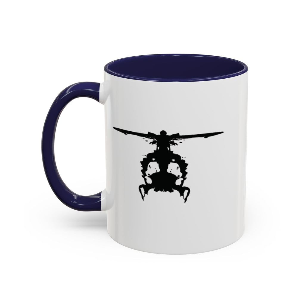 White mug with navy handle and interior, featuring a black inkblot helicopter design on a white background