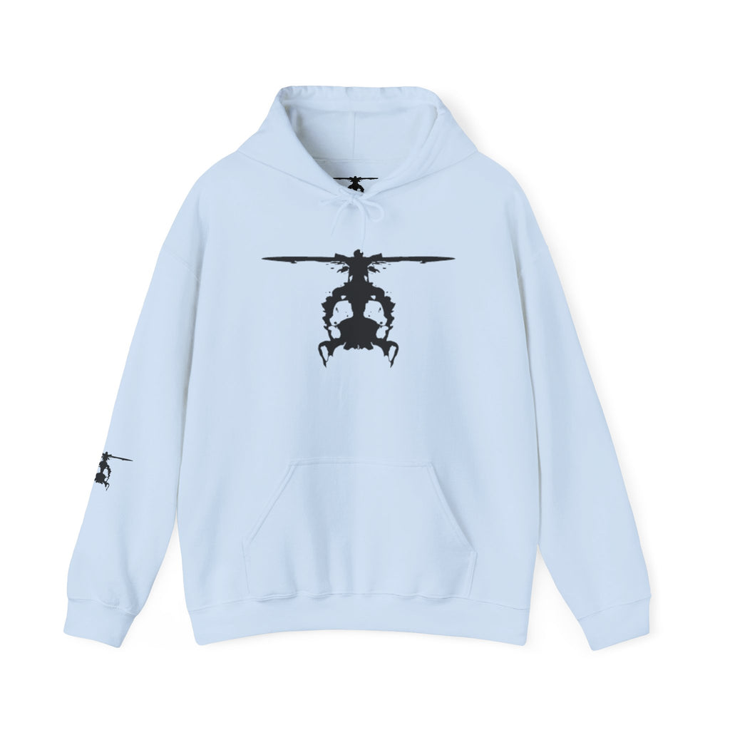 Light blue hoodie with an inkblot helicopter design on a white background