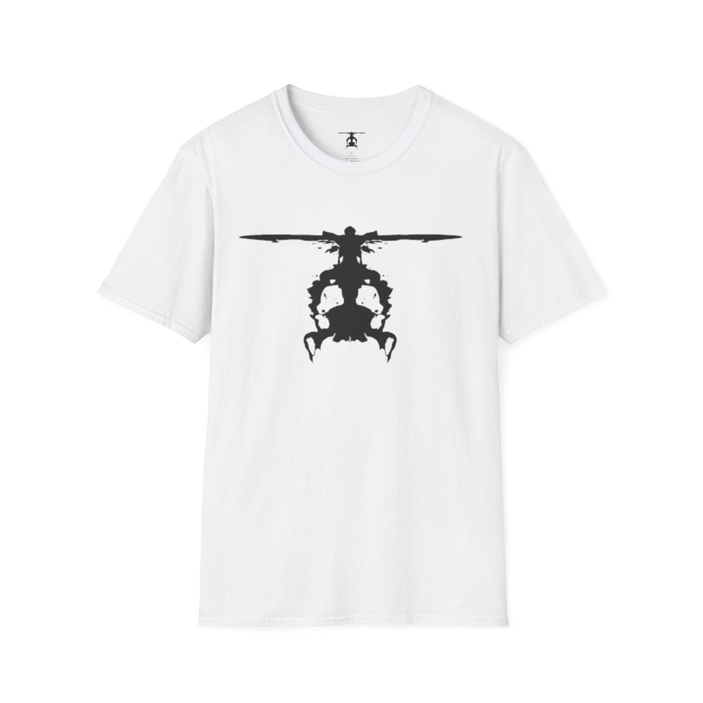White T shirt with an inkblot helicopter design on a white background