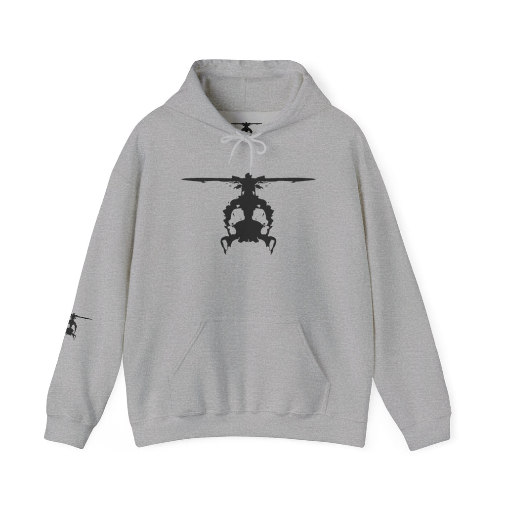Gray hoodie with an inkblot helicopter design on a white background