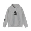 Gray hoodie with an inkblot helicopter design on a white background
