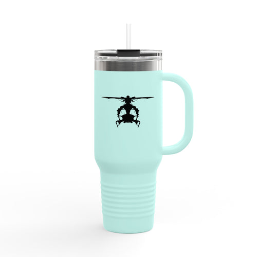 Light blue travel mug with a inkblot helicopter design on a white background