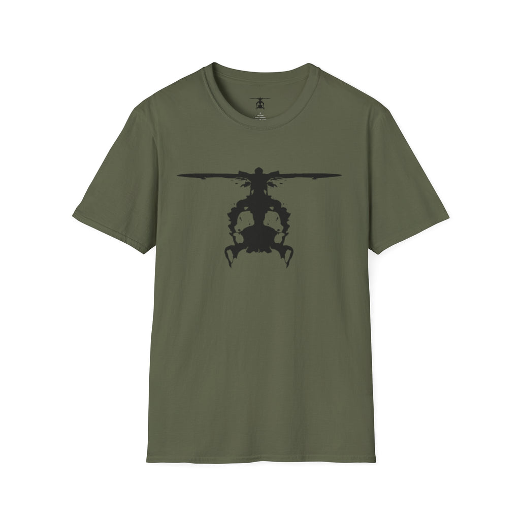 Green T shirt with an inkblot helicopter design on a white background