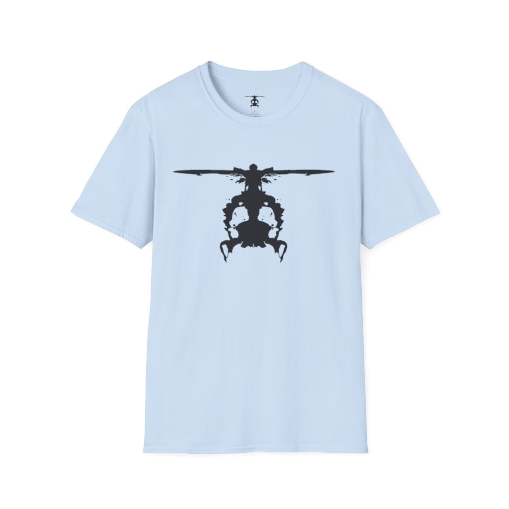 Light Blue T shirt with an inkblot helicopter design on a white background