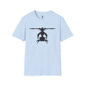 Light Blue T shirt with an inkblot helicopter design on a white background