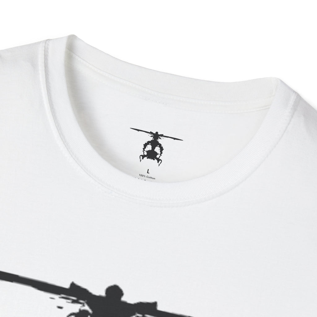 White T shirt with an inkblot helicopter design on a white background