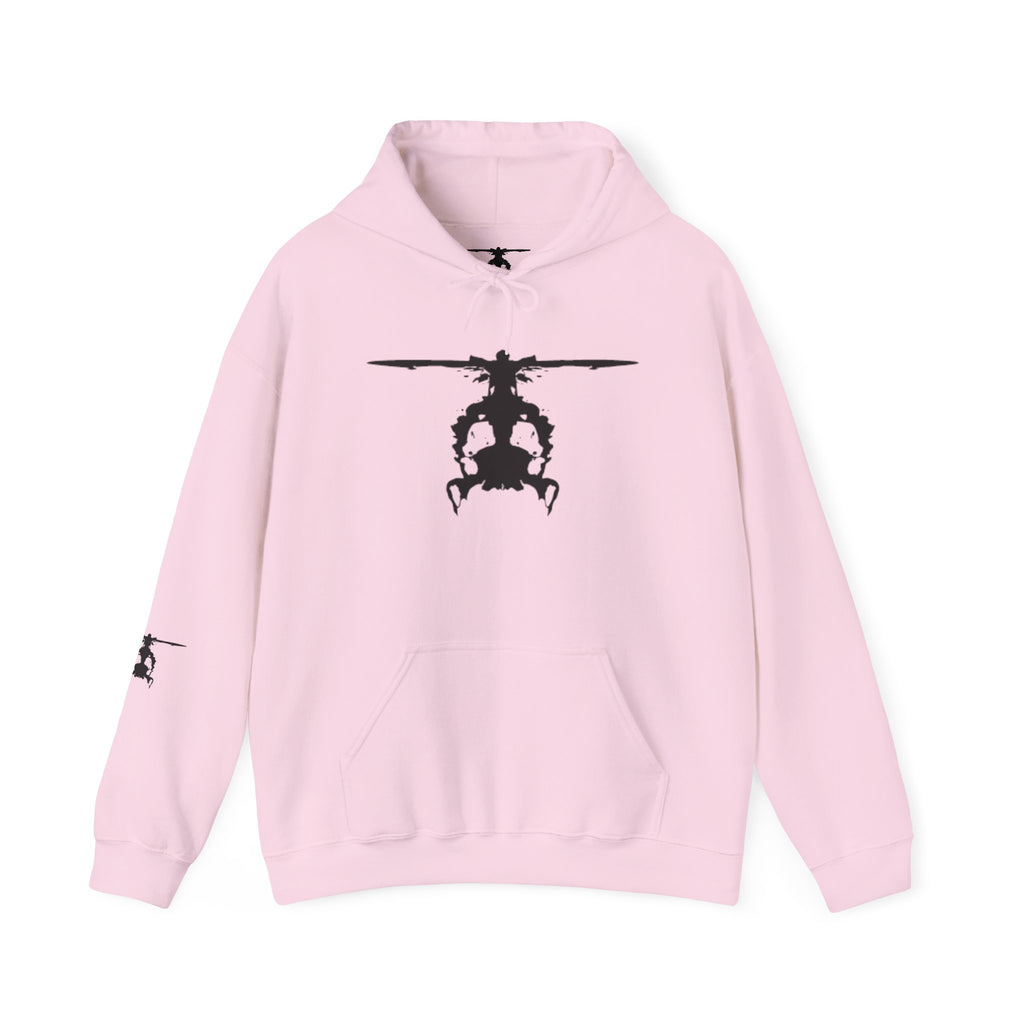 Pink hoodie with an inkblot helicopter design on a white background
