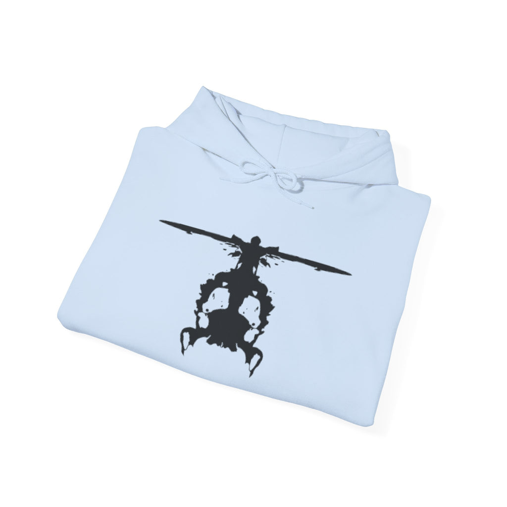 Folded light blue hoodie with an inkblot helicopter design on a white background