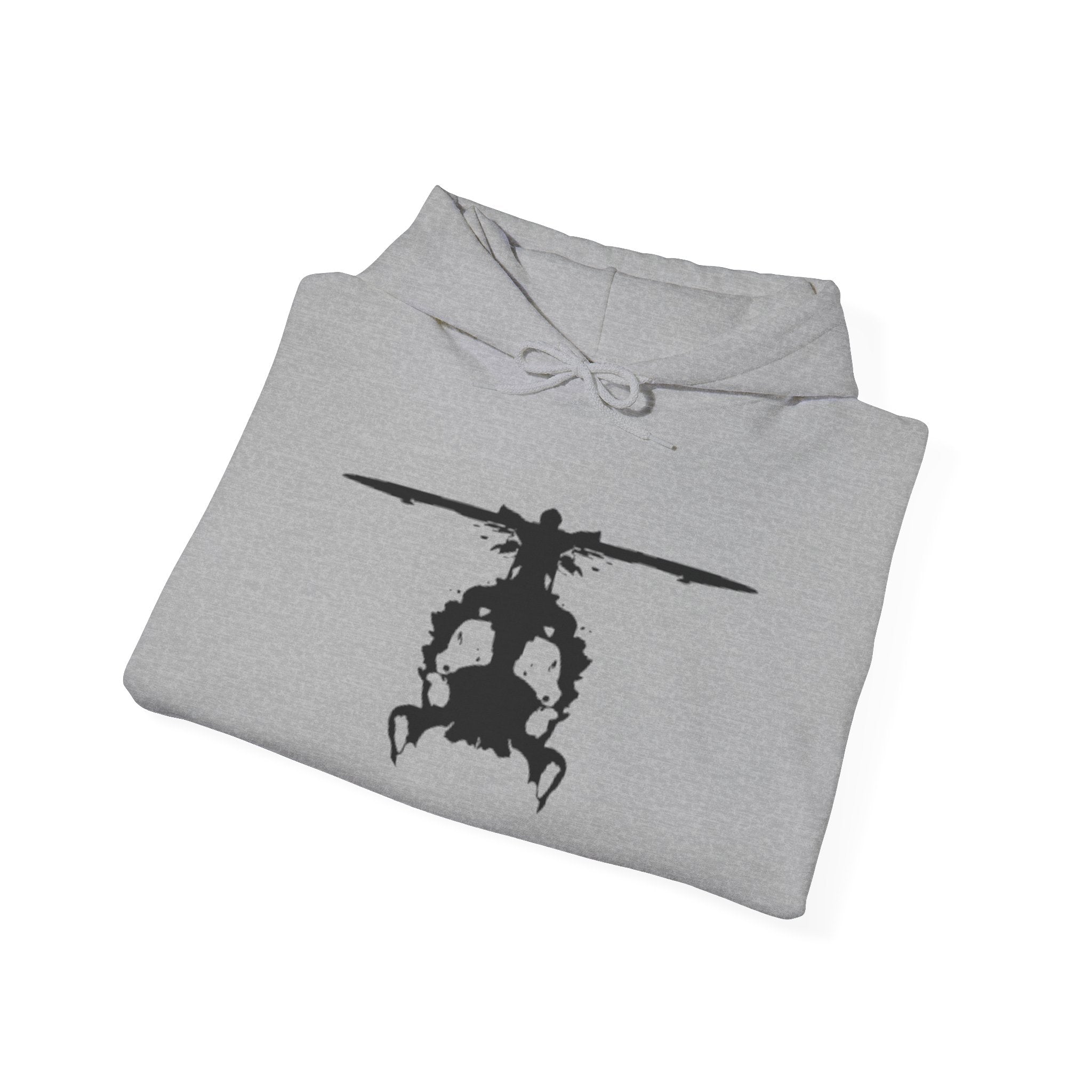 Folded gray hoodie with an inkblot helicopter design on a white background