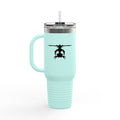 Light blue travel mug with a inkblot helicopter design on a white background
