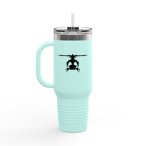 Light blue travel mug with a inkblot helicopter design on a white background